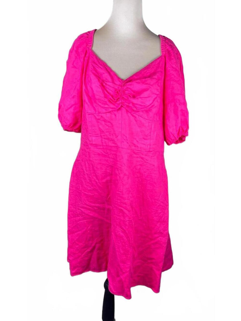 The Drop Pink Puff Sleeve Dress Size Large 100% Linen - Picture 1 of 7